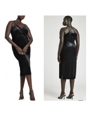 ELOQUII  Black Velvet v neck Plus Size Midi Dress Size 16 New